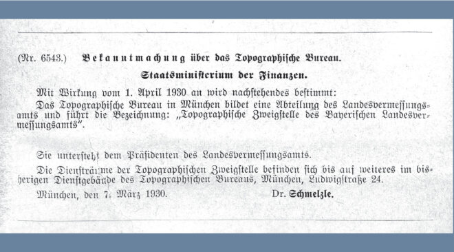 Schwarzer Text auf weißem Hintergrund; Bekanntmachung über das Topographische Bureau